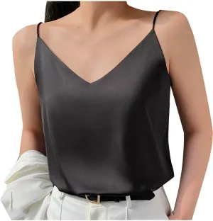 JOAU Women's Silk Satin Tank Tops 2025 V Neck Spaghetti Strap Sleeveless Camisole Summer Casual Loose Basic Dressy Blouse
