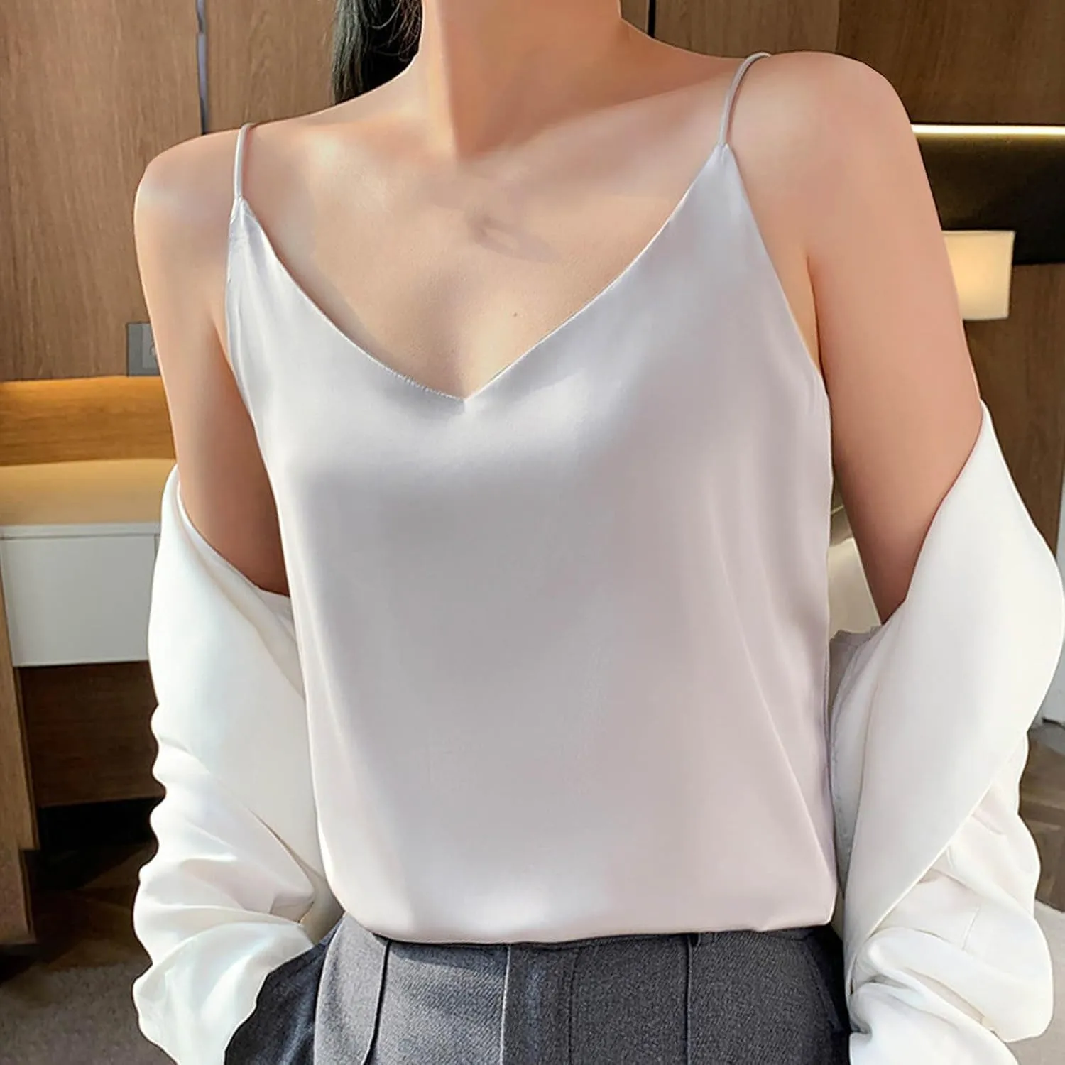 JOAU Women's Silk Satin Tank Tops 2025 V Neck Spaghetti Strap Sleeveless Camisole Summer Casual Loose Basic Dressy Blouse