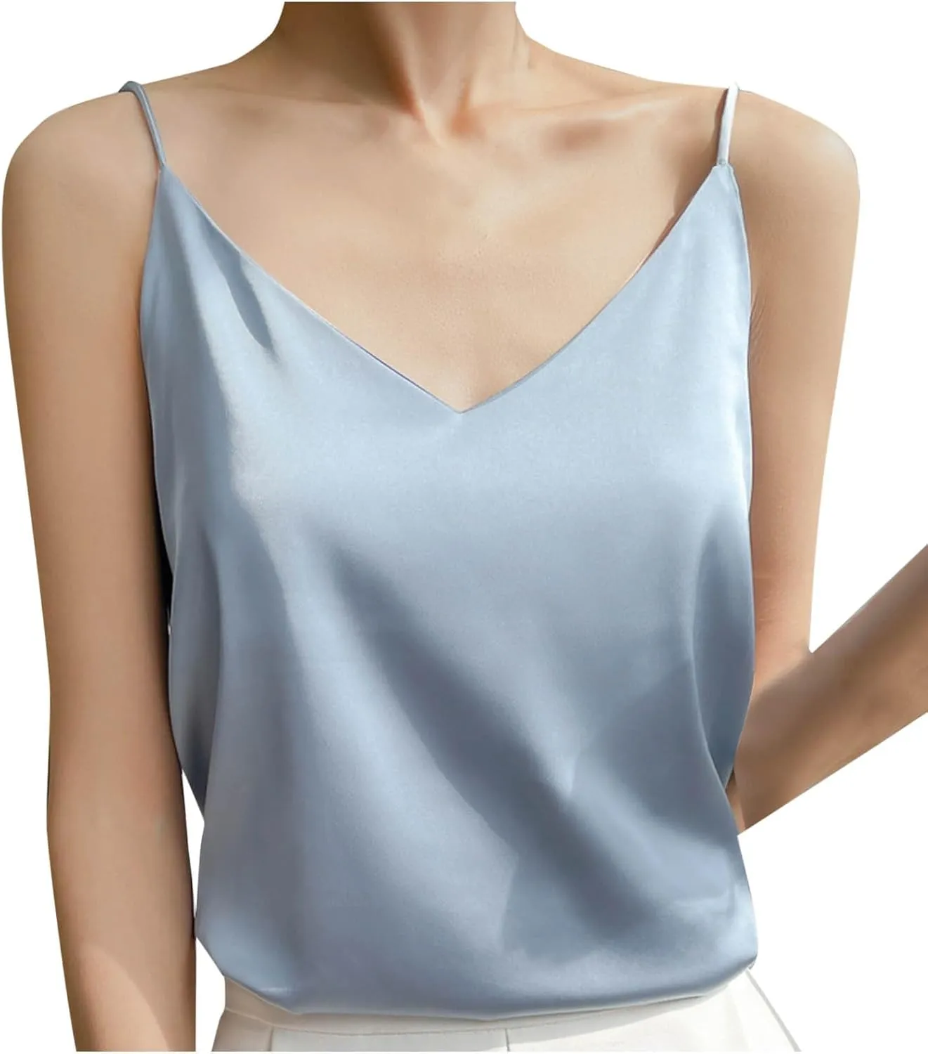 JOAU Women's Silk Satin Tank Tops 2025 V Neck Spaghetti Strap Sleeveless Camisole Summer Casual Loose Basic Dressy Blouse