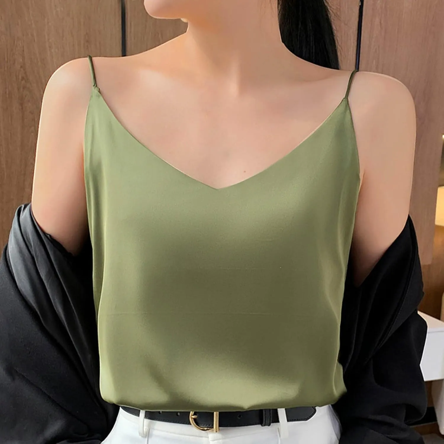 JOAU Women's Silk Satin Tank Tops 2025 V Neck Spaghetti Strap Sleeveless Camisole Summer Casual Loose Basic Dressy Blouse