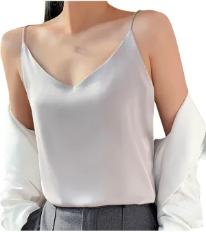 JOAU Women's Silk Satin Tank Tops 2025 V Neck Spaghetti Strap Sleeveless Camisole Summer Casual Loose Basic Dressy Blouse