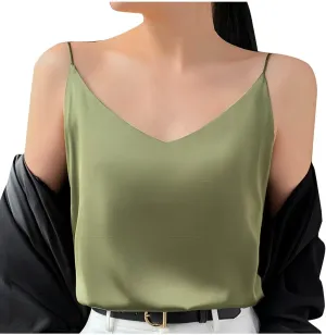 JOAU Women's Silk Satin Tank Tops 2025 V Neck Spaghetti Strap Sleeveless Camisole Summer Casual Loose Basic Dressy Blouse