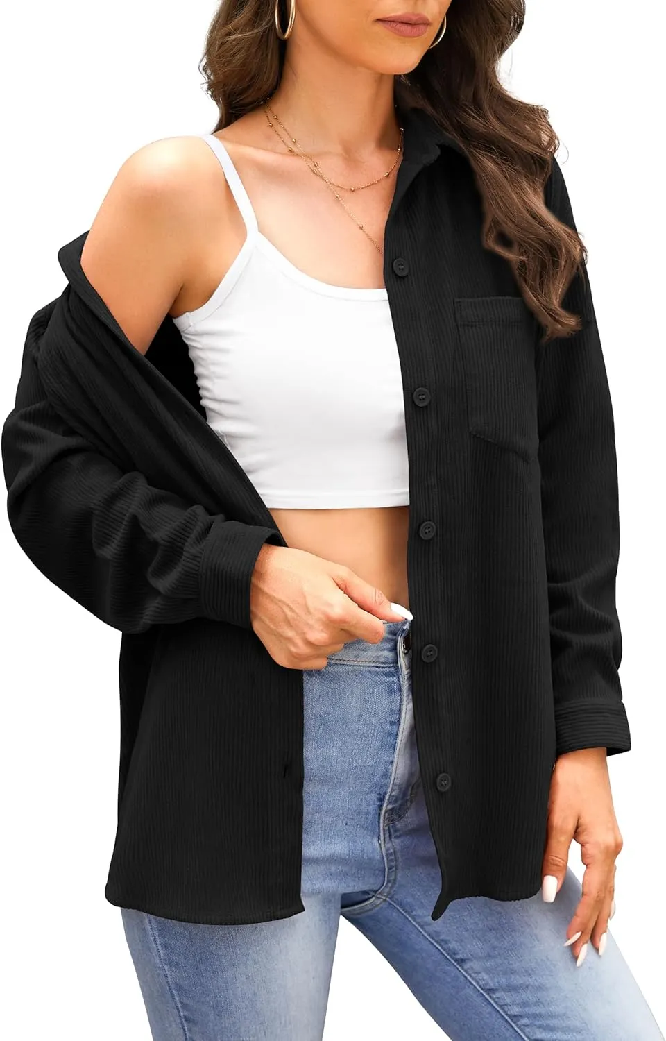 Jouica Womens 2024 Fashion Corduroy Button Down Shirts Boyfriend Long Sleeve Oversized Blouses Tops