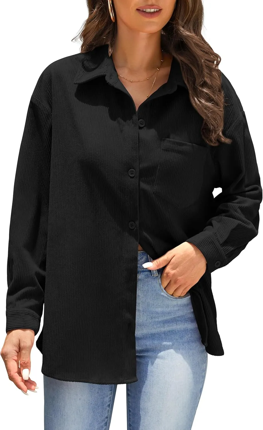 Jouica Womens 2024 Fashion Corduroy Button Down Shirts Boyfriend Long Sleeve Oversized Blouses Tops