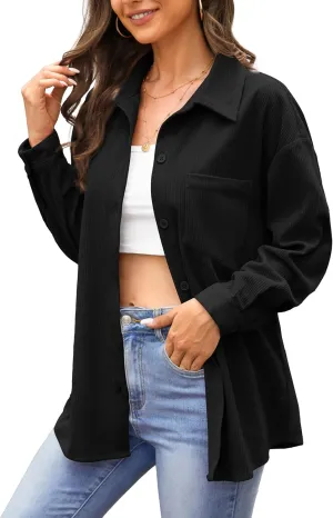 Jouica Womens 2024 Fashion Corduroy Button Down Shirts Boyfriend Long Sleeve Oversized Blouses Tops