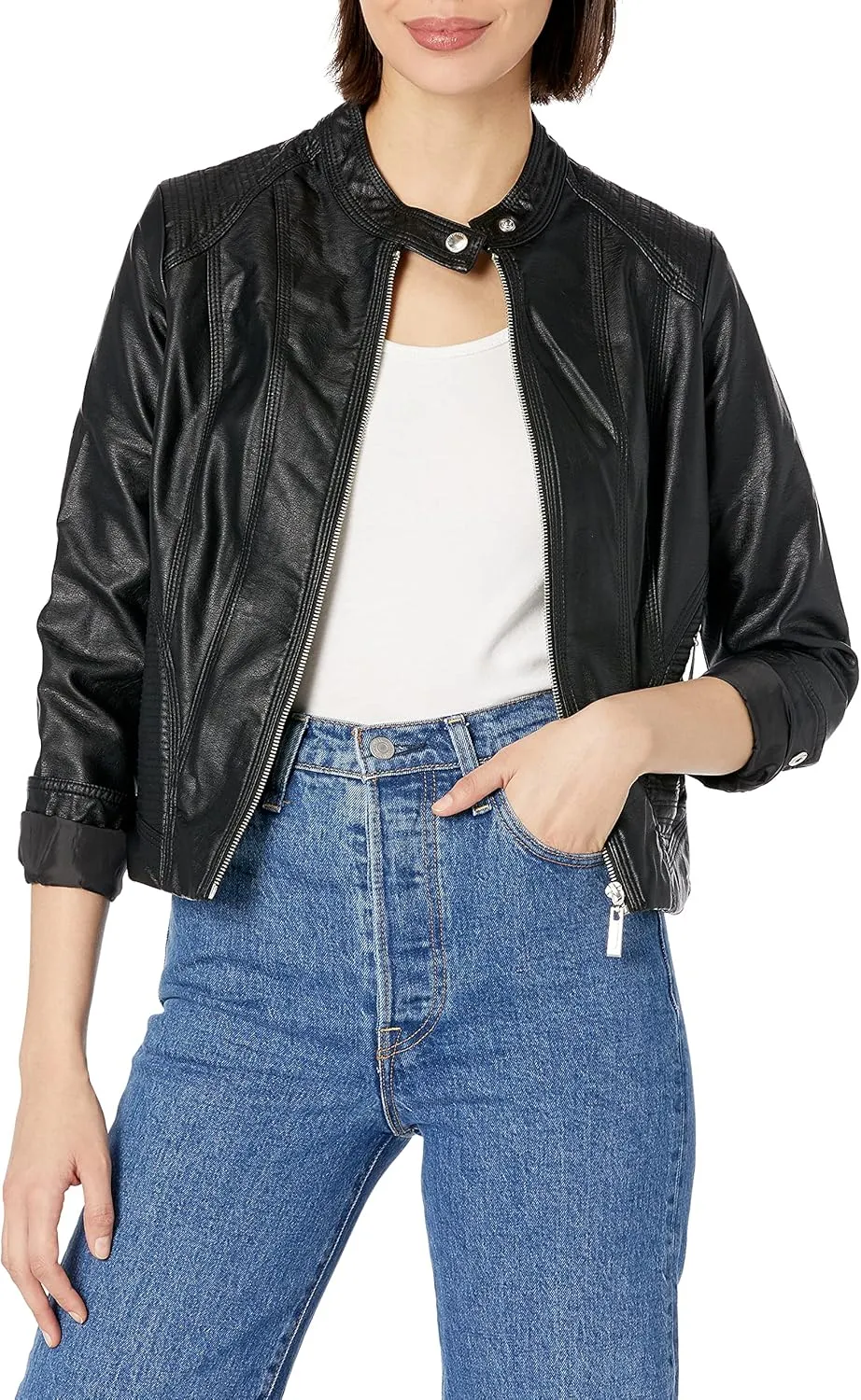 JOUJOU Womens Vegan Leather Jacket, Stylish Clothing, Luxury Fashion, Black, X-Large
