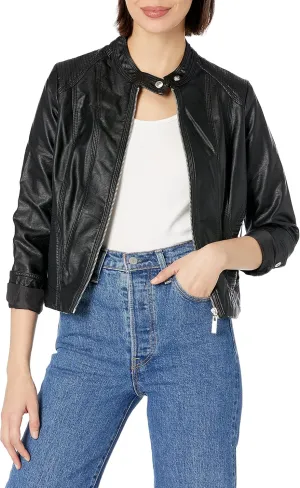 JOUJOU Womens Vegan Leather Jacket, Stylish Clothing, Luxury Fashion, Black, X-Large