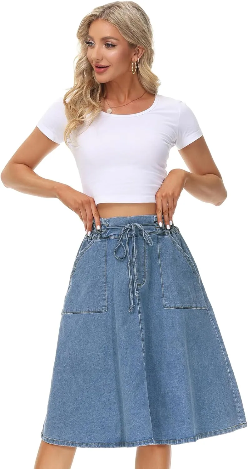 KANCY KOLE Women Casual Denim Skirts Frill Tie Waist A-Line Midi Jean Skirt with Pockets S-XXL