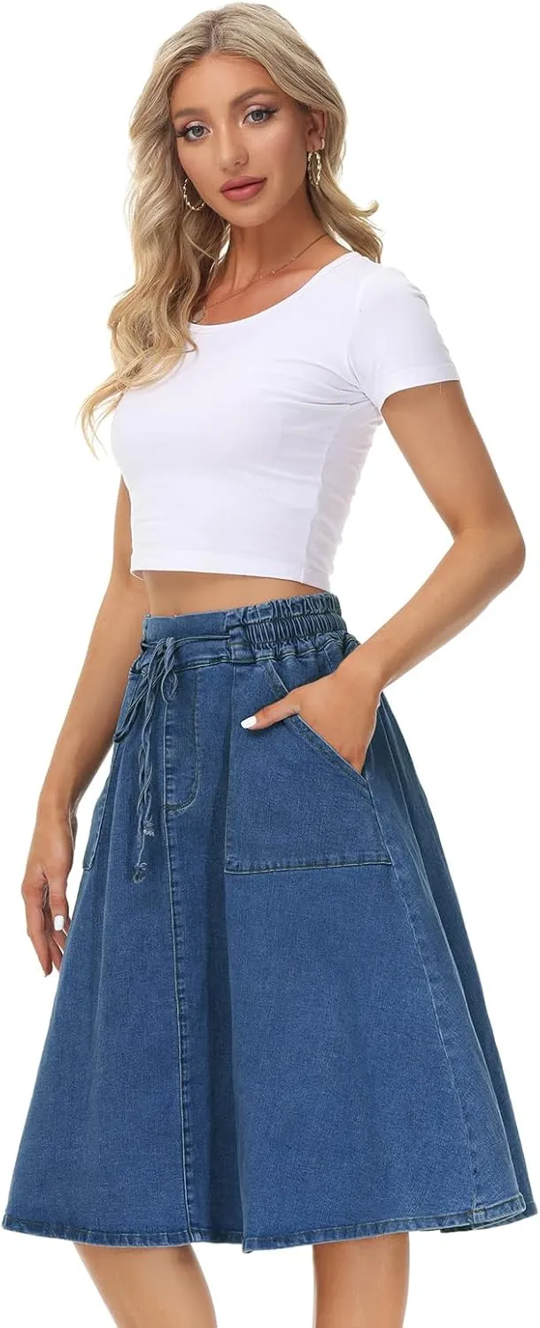 KANCY KOLE Women Casual Denim Skirts Frill Tie Waist A-Line Midi Jean Skirt with Pockets S-XXL