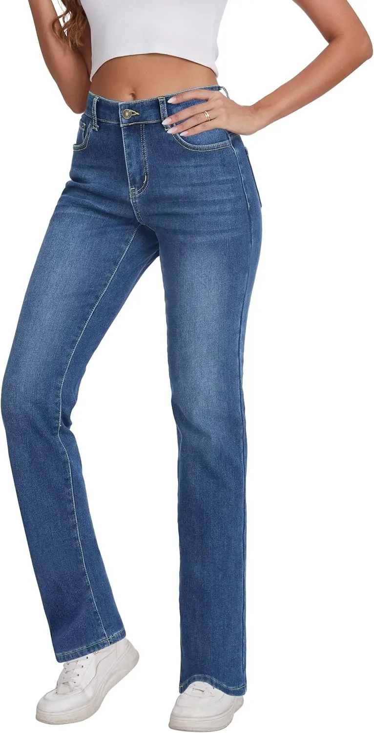 KDF Women's Fleece Lined Jeans Women High Waisted Straight Leg Jeans Winter Fleece Lined Jean Pants