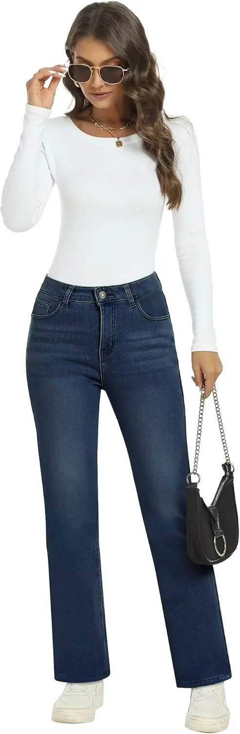 KDF Women's Fleece Lined Jeans Women Straight Leg Winter Fleece Lined Pants High Waist Lined Jeans Heated Denim Pants