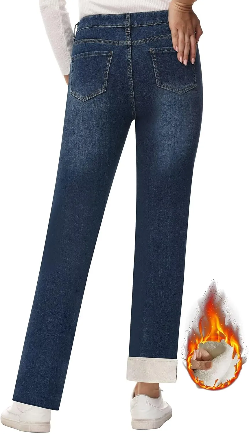 KDF Women's Fleece Lined Jeans Women Straight Leg Winter Fleece Lined Pants High Waist Lined Jeans Heated Denim Pants