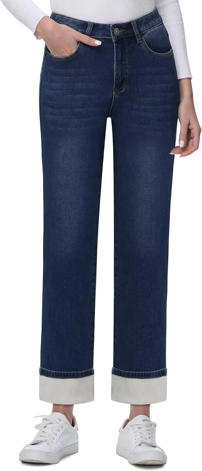 KDF Women's Fleece Lined Jeans Women Straight Leg Winter Fleece Lined Pants High Waist Lined Jeans Heated Denim Pants