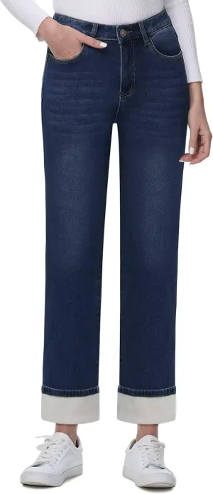 KDF Women's Fleece Lined Jeans Women Straight Leg Winter Fleece Lined Pants High Waist Lined Jeans Heated Denim Pants