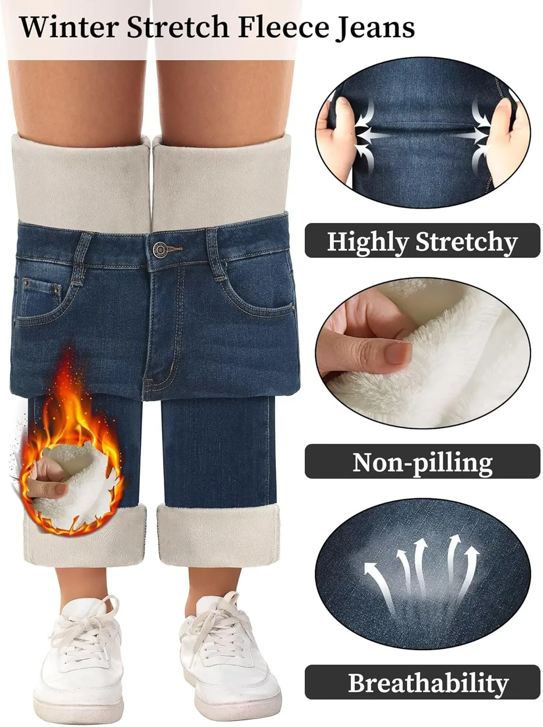 KDF Women's Fleece Lined Jeans Women Straight Leg Winter Fleece Lined Pants High Waist Lined Jeans Heated Denim Pants