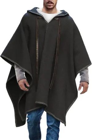 Kingspinner Men's Steampunk Gothic Hooded Fashion Poncho Comfortable Home Clothes House Coat Men Wool Alpaca Poncho Hooded