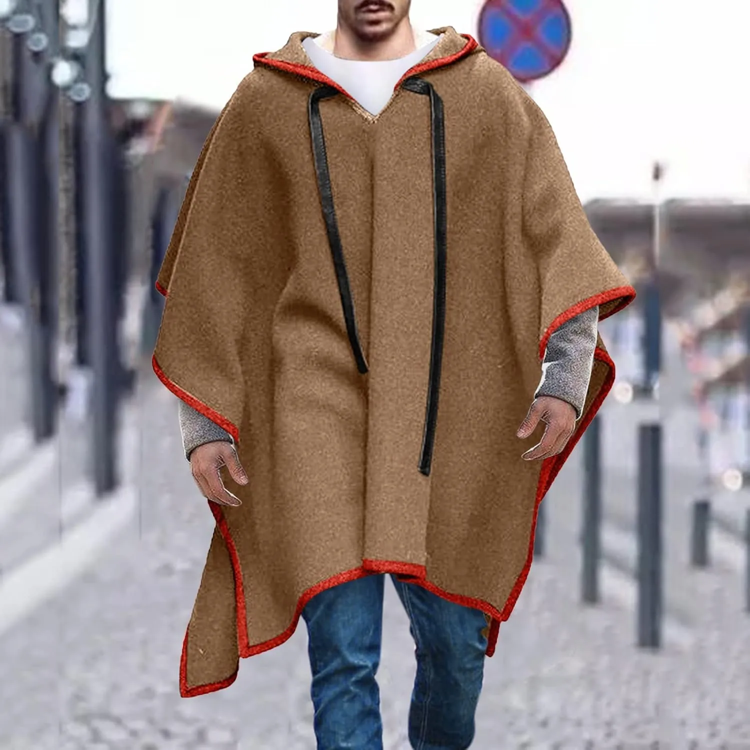 Kingspinner Men's Steampunk Gothic Hooded Fashion Poncho Comfortable Home Clothes House Coat Men Wool Alpaca Poncho Hooded