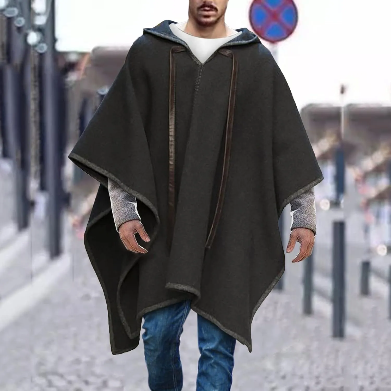 Kingspinner Men's Steampunk Gothic Hooded Fashion Poncho Comfortable Home Clothes House Coat Men Wool Alpaca Poncho Hooded