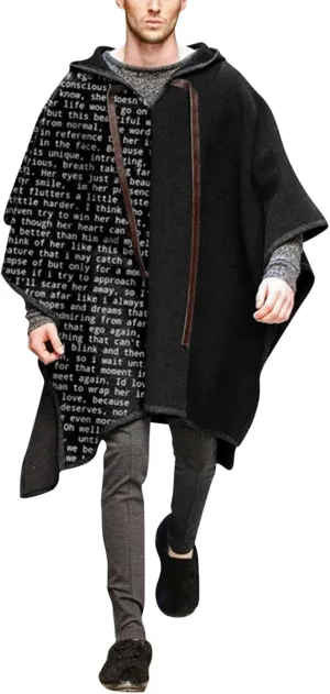 Kingspinner Men's Steampunk Gothic Hooded Fashion Poncho Comfortable Home Clothes House Coat Men Wool Alpaca Poncho Hooded