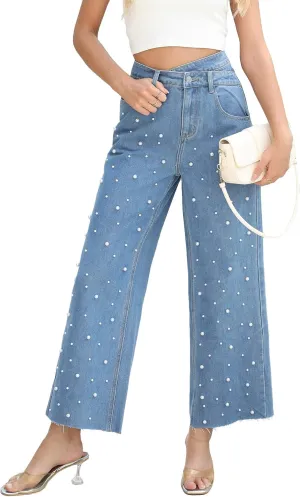Ladyful Womens Straight Leg Pearl Jeans Baggy High Waisted Jeans Casual Boyfriend Bootcut Sparkly Denim Pant Trouser