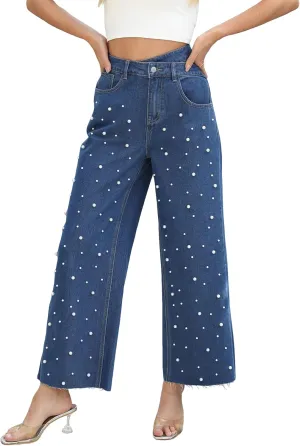 Ladyful Womens Straight Leg Pearl Jeans Baggy High Waisted Jeans Casual Boyfriend Bootcut Sparkly Denim Pant Trouser
