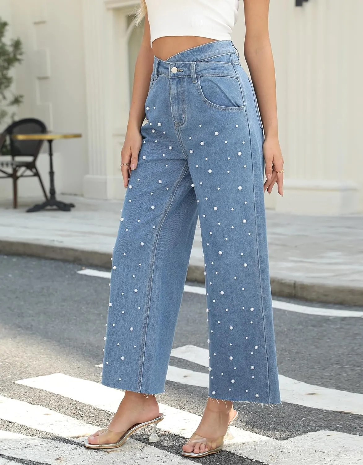 Ladyful Womens Straight Leg Pearl Jeans Baggy High Waisted Jeans Casual Boyfriend Bootcut Sparkly Denim Pant Trouser