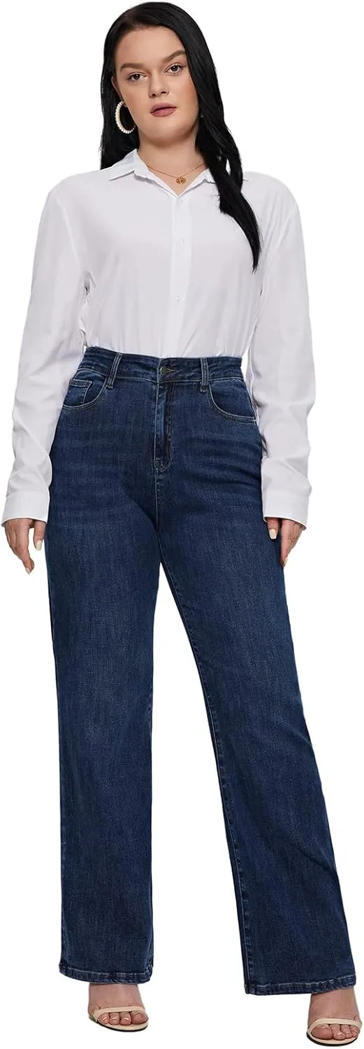 LEIJIJEANS Plus Size Baggy Jeans for Women Wide Leg Women Jeans Full Length Mom High Waist Tall Loose Wide Leg Pants