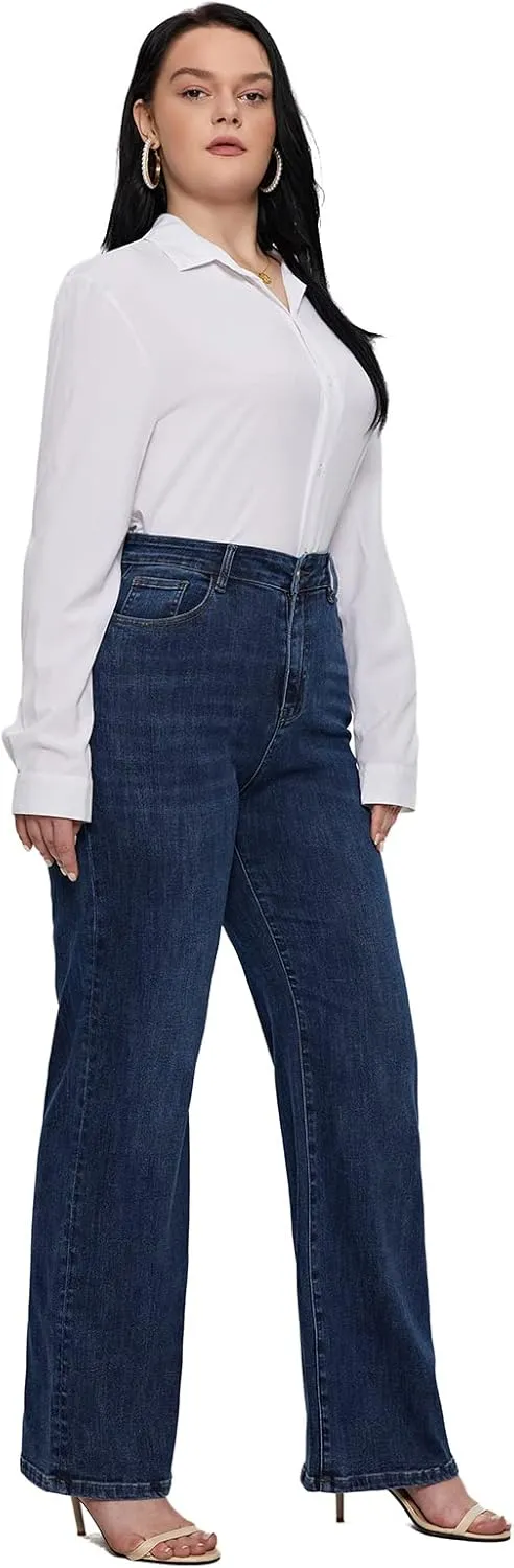 LEIJIJEANS Plus Size Baggy Jeans for Women Wide Leg Women Jeans Full Length Mom High Waist Tall Loose Wide Leg Pants