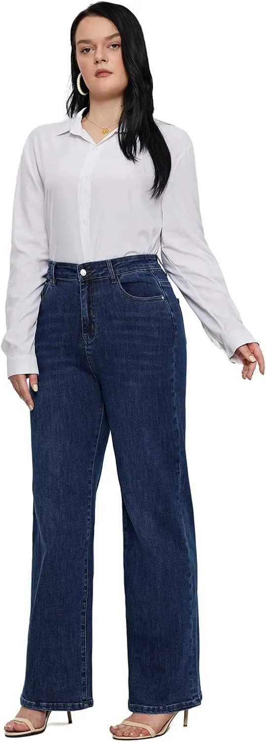 LEIJIJEANS Plus Size Baggy Jeans for Women Wide Leg Women Jeans Full Length Mom High Waist Tall Loose Wide Leg Pants