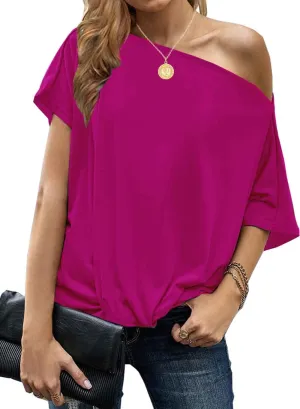 LEIYEE Womens Off Shoulder Tops Summer Casual Short Sleeve Front Twist Knot T Shirts Blouses