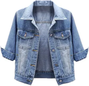 LifeShe Women's 3/4 Sleeve Short Denim Jacket Light Cropped Jean Jackets Coats