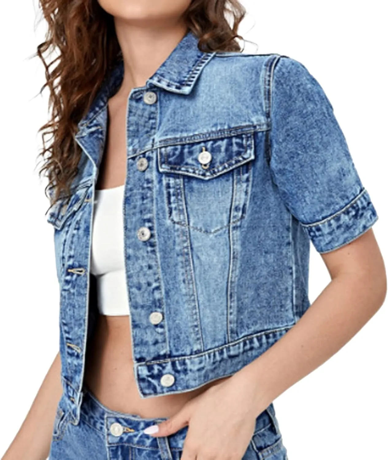 LifeShe Women's 3/4 Sleeve Short Denim Jacket Light Cropped Jean Jackets Coats