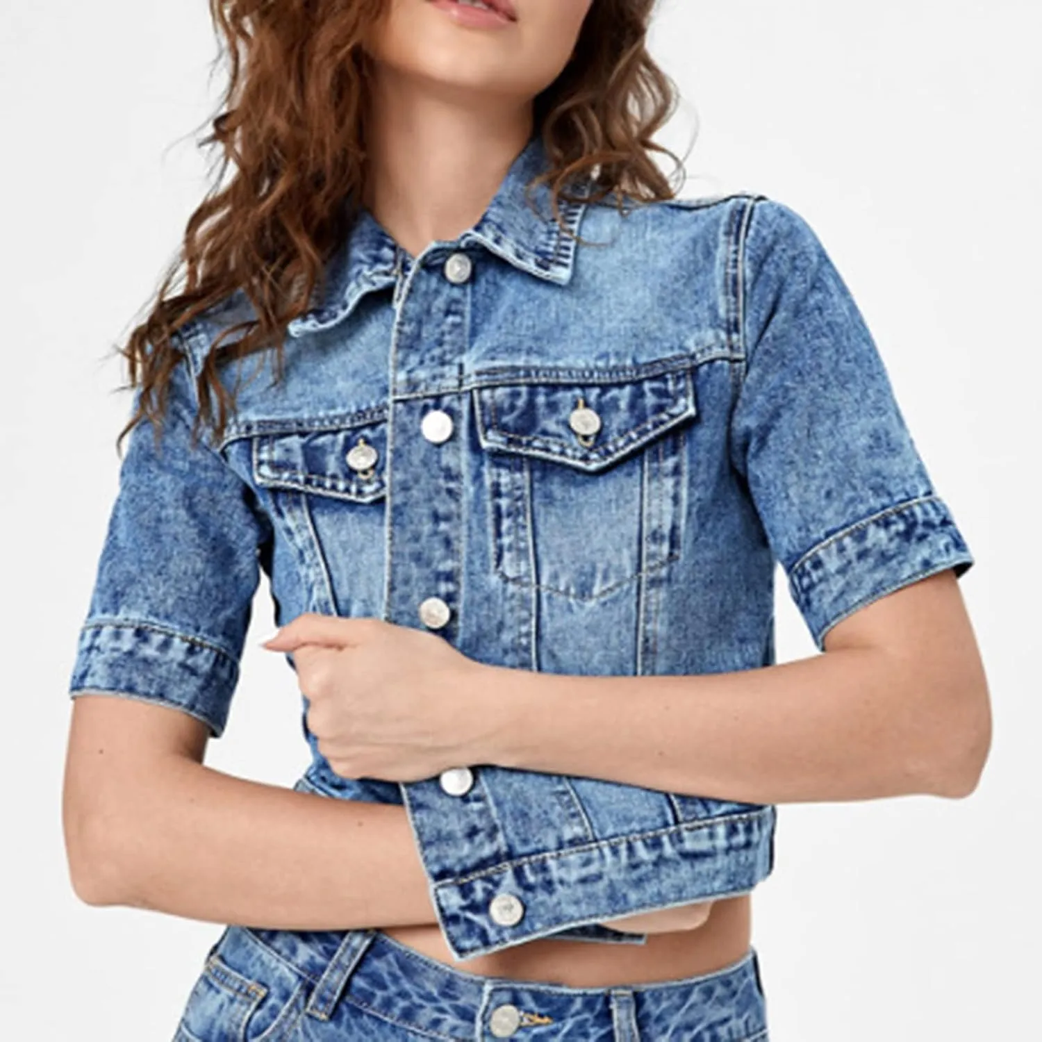 LifeShe Women's 3/4 Sleeve Short Denim Jacket Light Cropped Jean Jackets Coats