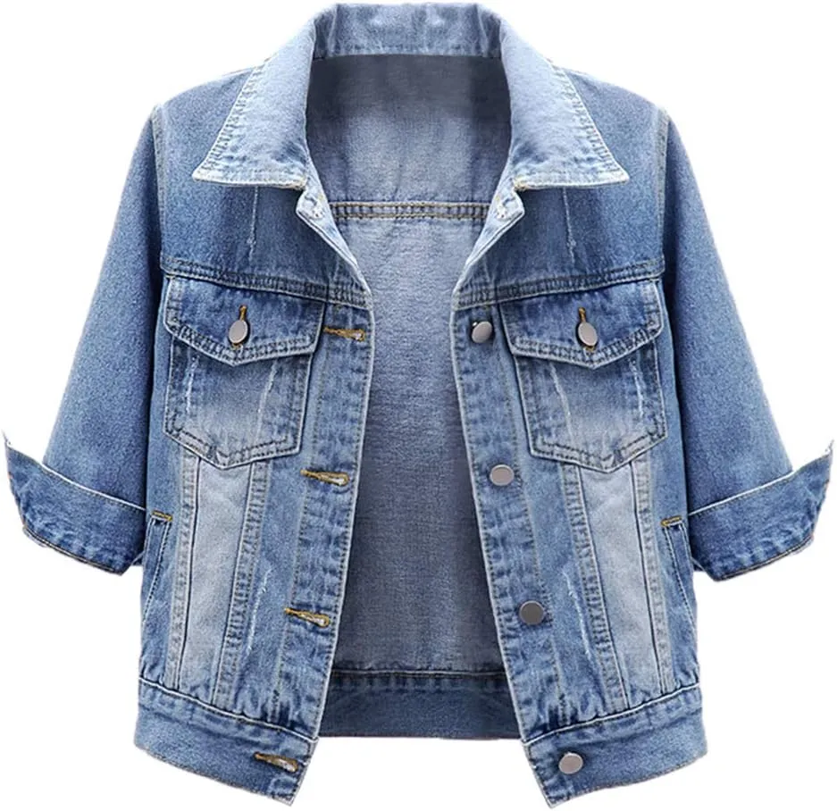 LifeShe Women's 3/4 Sleeve Short Denim Jacket Light Cropped Jean Jackets Coats