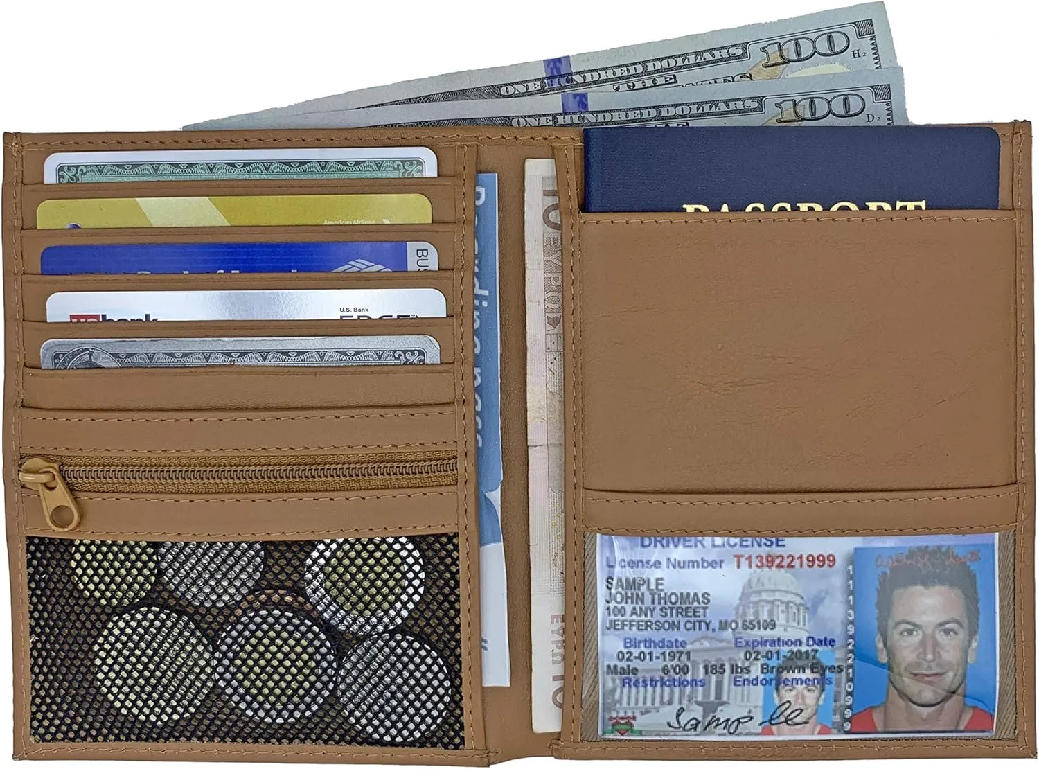 Light Brown RFID Genuine Leather Passport Wallet