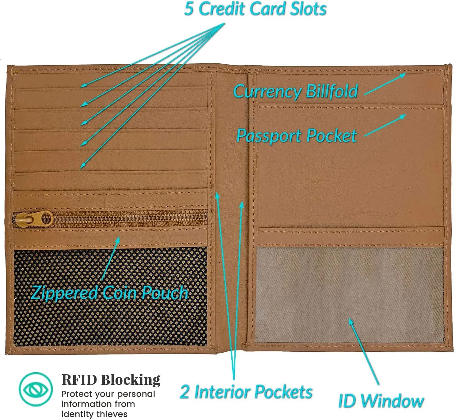 Light Brown RFID Genuine Leather Passport Wallet