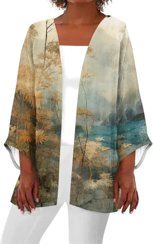 Lightweight Cardigans for Women Vintage Flower Print Quilted Jackets Oversized 3/4 Sleeve Beach Cover Up Shrugs