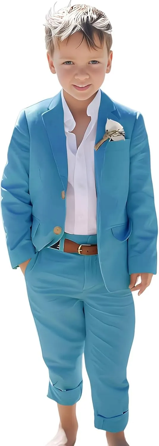 Linen Boys Suit Beach Wedding Suit Summer Slim Fit 2 Pieces Kids Light Weight Linen Suit Jacket Vest Pant