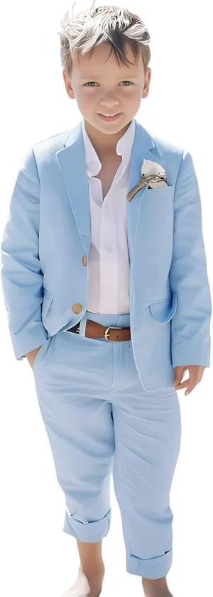Linen Boys Suit Beach Wedding Suit Summer Slim Fit 2 Pieces Kids Light Weight Linen Suit Jacket Vest Pant