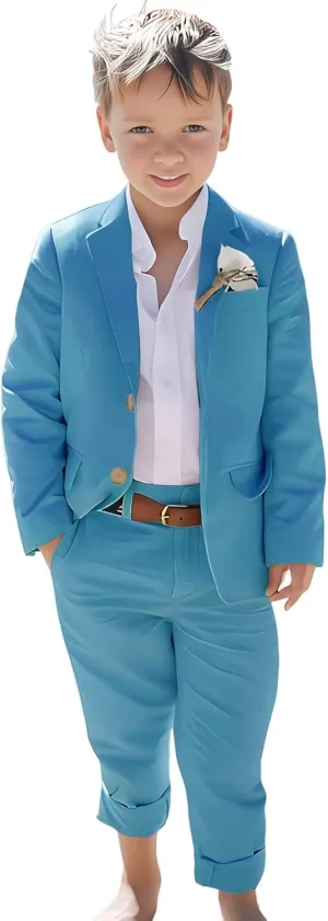 Linen Boys Suit Beach Wedding Suit Summer Slim Fit 2 Pieces Kids Light Weight Linen Suit Jacket Vest Pant