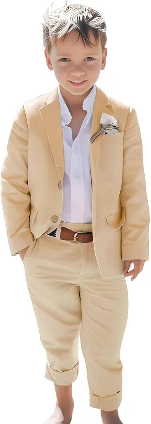 Linen Boys Suit Beach Wedding Suit Summer Slim Fit 2 Pieces Kids Light Weight Linen Suit Jacket Vest Pant