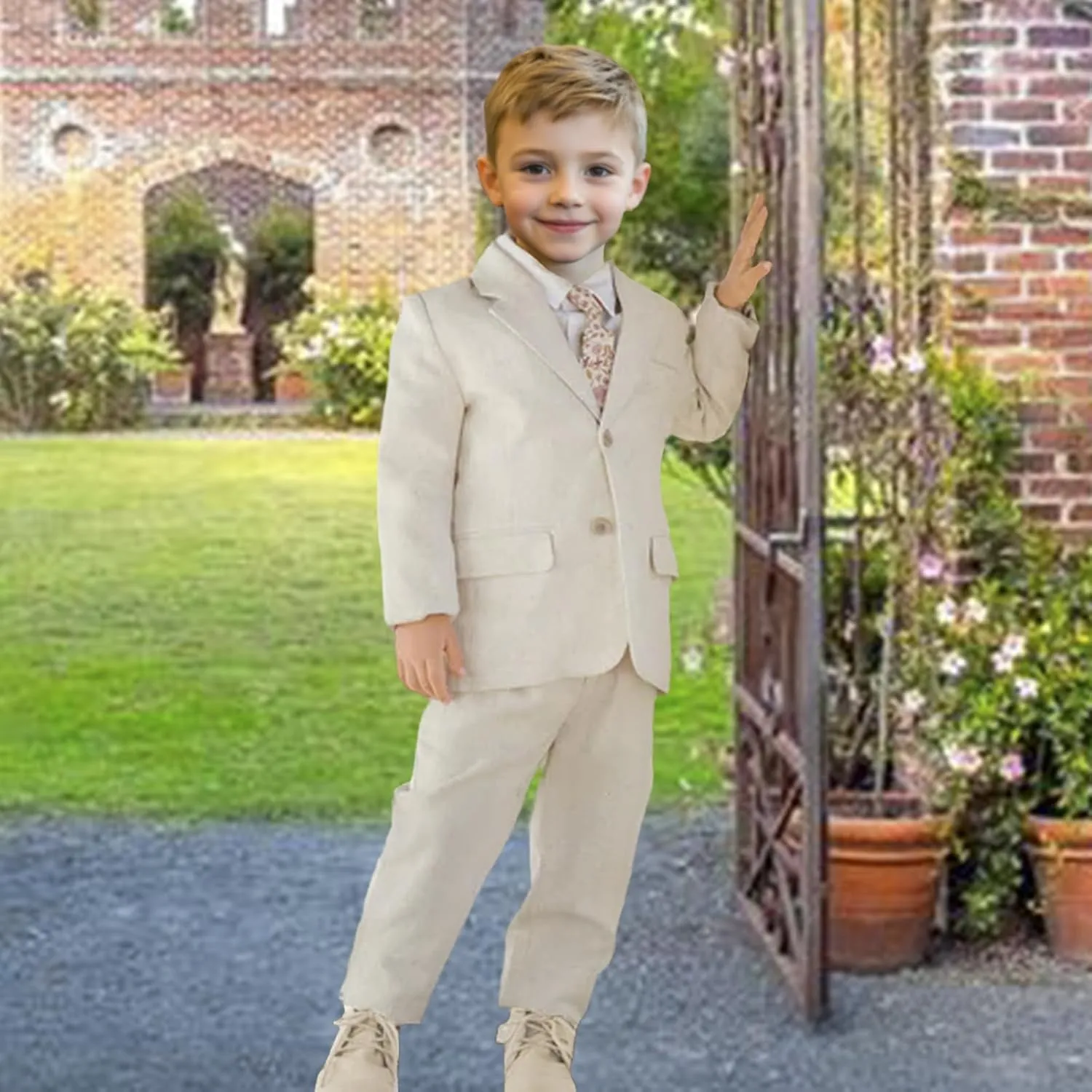Linen Boys Suit Beach Wedding Suit Summer Slim Fit 2 Pieces Kids Light Weight Linen Suit Jacket Vest Pant