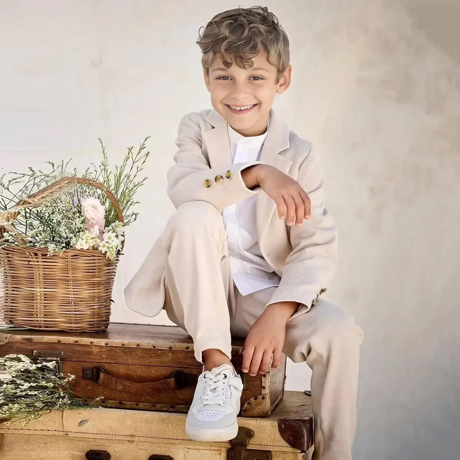 Linen Boys Suit Beach Wedding Suit Summer Slim Fit 2 Pieces Kids Light Weight Linen Suit Jacket Vest Pant