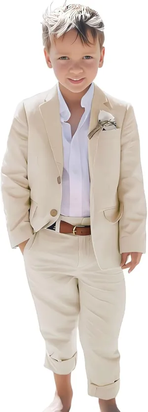 Linen Boys Suit Beach Wedding Suit Summer Slim Fit 2 Pieces Kids Light Weight Linen Suit Jacket Vest Pant