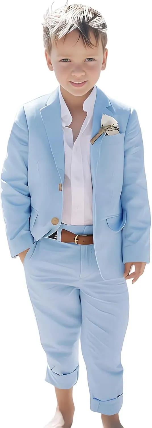 Linen Boys Suit Beach Wedding Suit Summer Slim Fit 2 Pieces Kids Light Weight Linen Suit Jacket Vest Pant