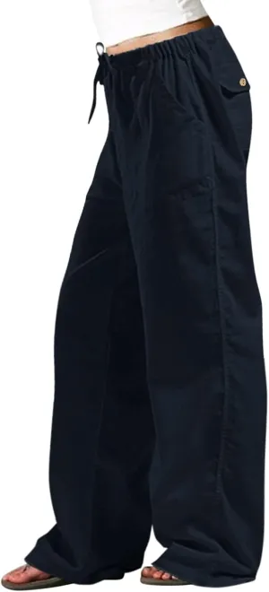 Linen Pants for Women Summer Wide Leg Loose Drawstring Adjustable Trousers Casual Light Weight Straight Comfy Pant