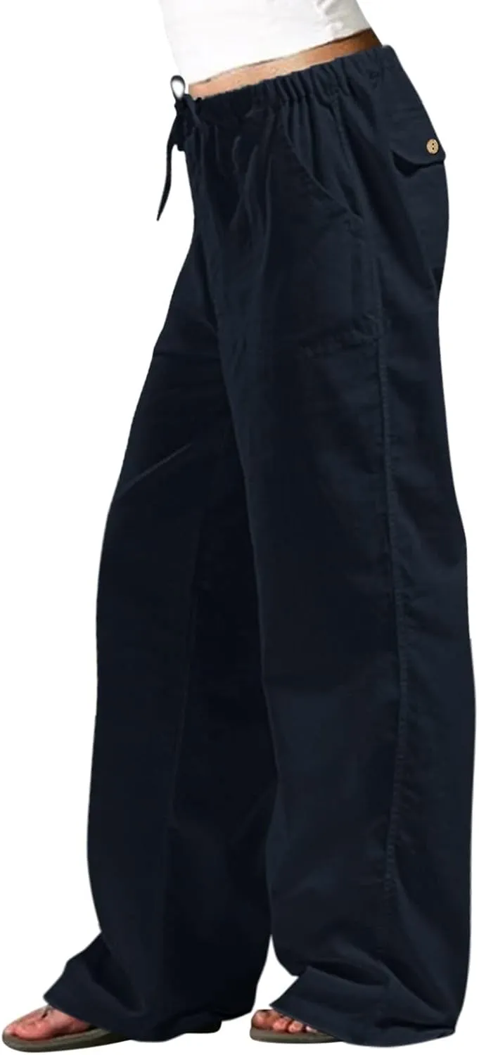 Linen Pants for Women Summer Wide Leg Loose Drawstring Adjustable Trousers Casual Light Weight Straight Comfy Pant