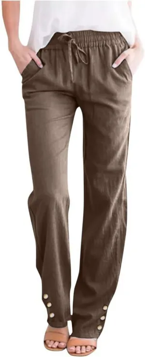 Linen Pants Women Elastic Waist Straight Leg Drawstring Light Weight Capri Pants Casual Summer Work Pants Trousers