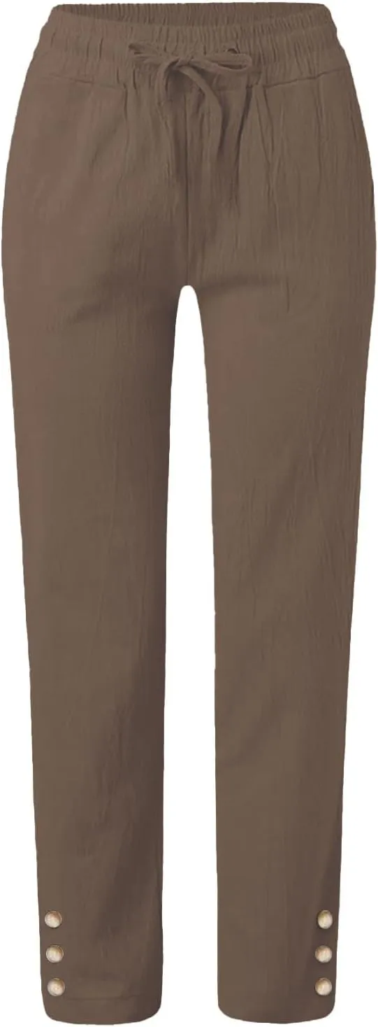 Linen Pants Women Elastic Waist Straight Leg Drawstring Light Weight Capri Pants Casual Summer Work Pants Trousers