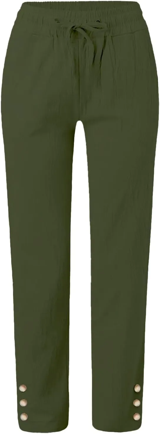 Linen Pants Women Elastic Waist Straight Leg Drawstring Light Weight Capri Pants Casual Summer Work Pants Trousers